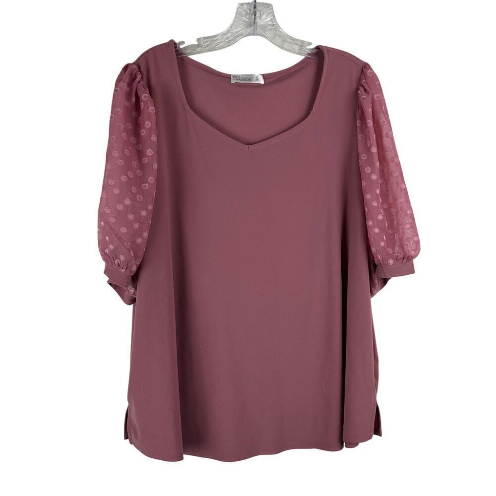 89th & Madison Pink‎ Top Size 2X Puff Sleeve Swiss Dot Business Casual Workwear